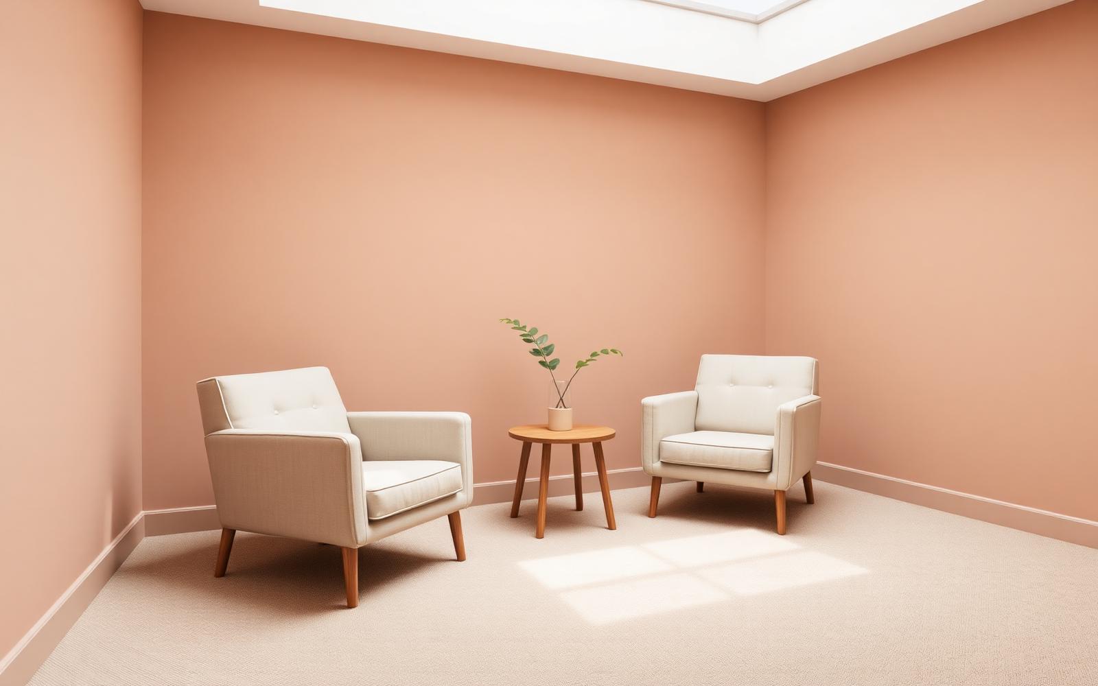 A calm consulting room with two armchairs and soft natural light